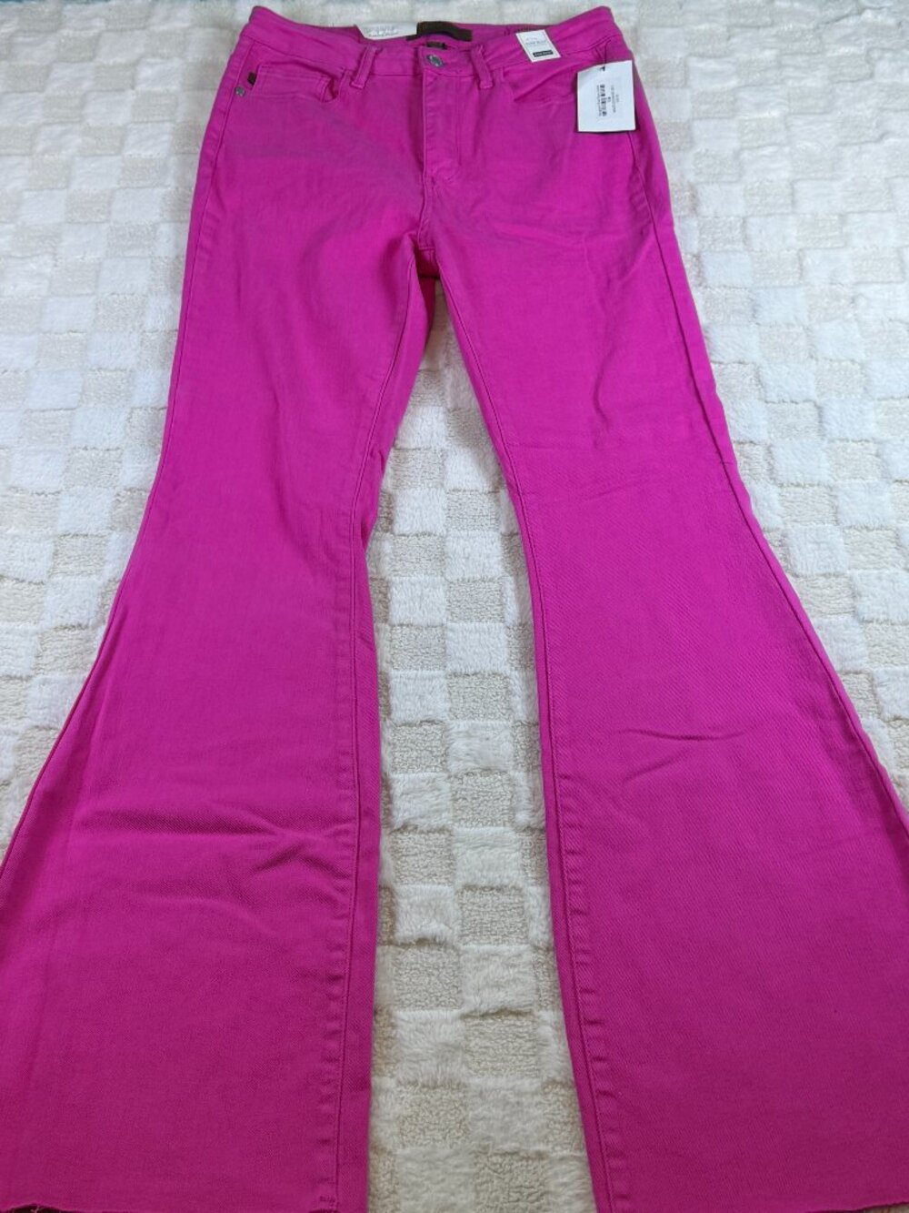 Judy Blue High Rise Pink Bell Bottom Jeans Raw Cut Hem Stargazer Flare 7 28 NWT